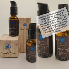 Oil cleanser bottle, brown glass, black pump, Kaaya's JWAL branding, with wooden box