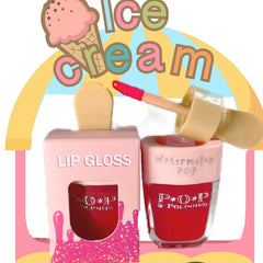 Lip gloss in pink and red packaging with "POP" text and applicator