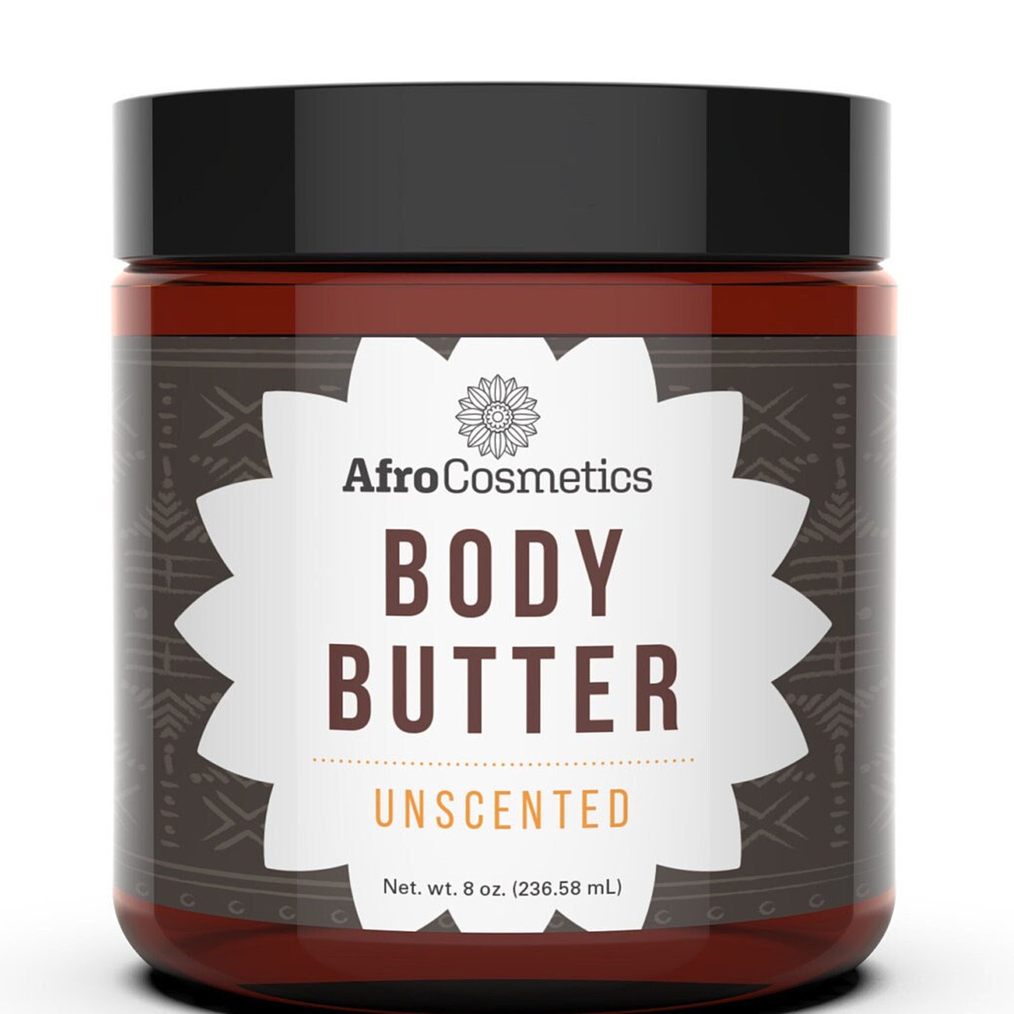 Minimalist white jar of unscented whipped shea butter with clean typography on matte label