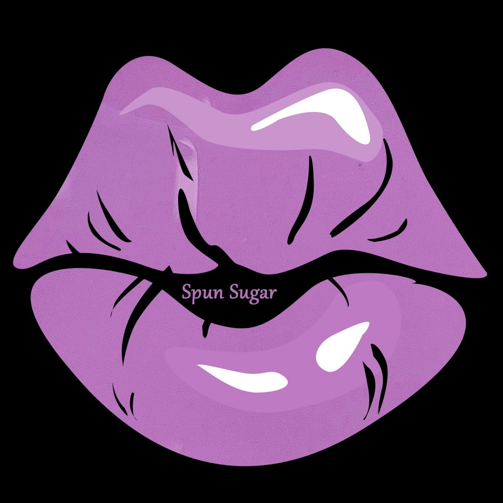Lip gloss illustration in lavender with "Spun Sugar" text on black background