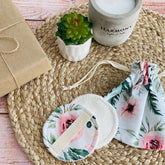 Makeup remover pads, white cotton, floral print, with bag and strap