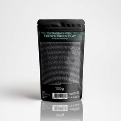 French Green Clay pouch, black and green packaging, white text 100g size