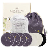 Reusable cotton pads set with purple star pattern, white, and black pads, with AVO branding