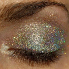 Glitter eyeshadow with silver, iridescent, and gold sparkle applied to eyelid for makeup look