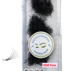 Kimeyelashes black eyelash fans in clear packaging with brand logo and "1000 Fans" text