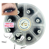 False eyelashes, black wispy fans, Kimeyelashes brand, in clear container, various lengths