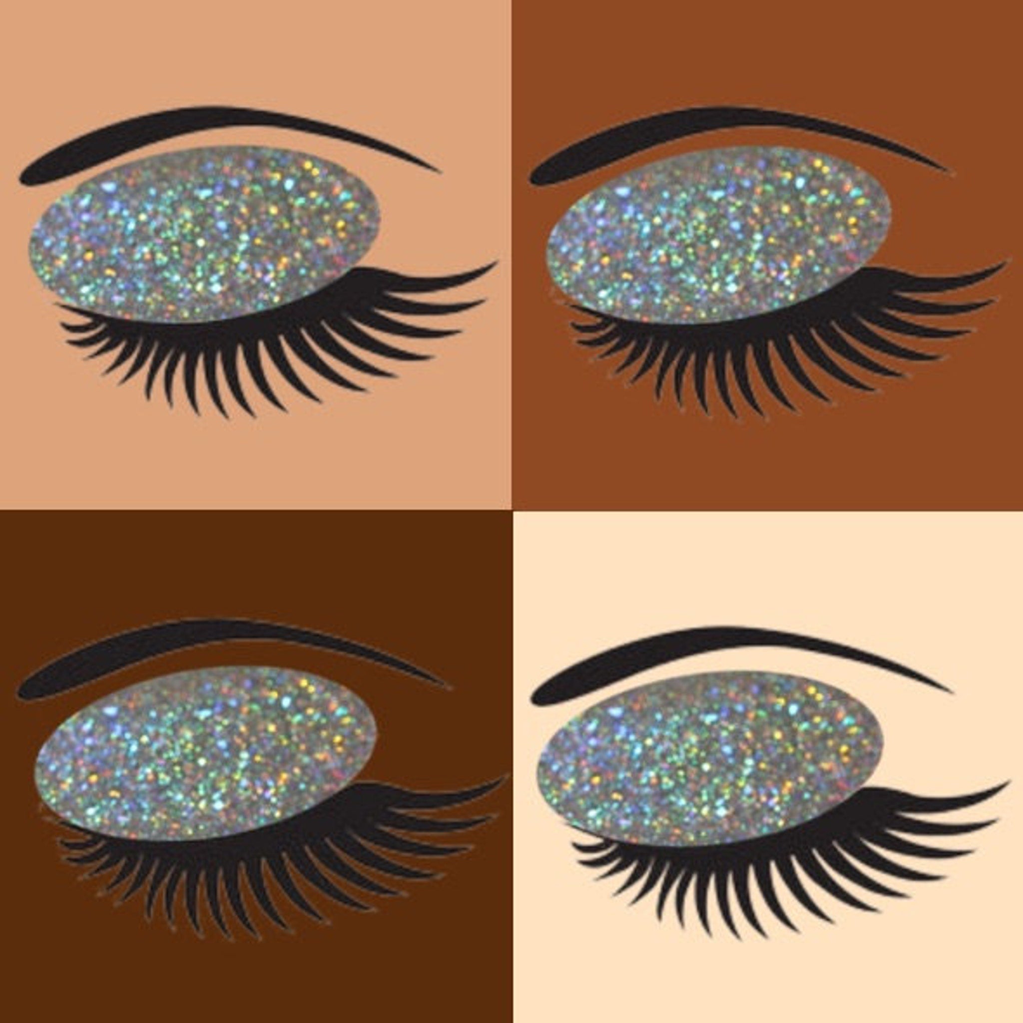 Eyeshadow with holographic glitter, black lashes, and eye illustration on various skin tones