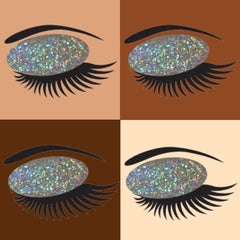 Eyeshadow with holographic glitter, black lashes, and eye illustration on various skin tones