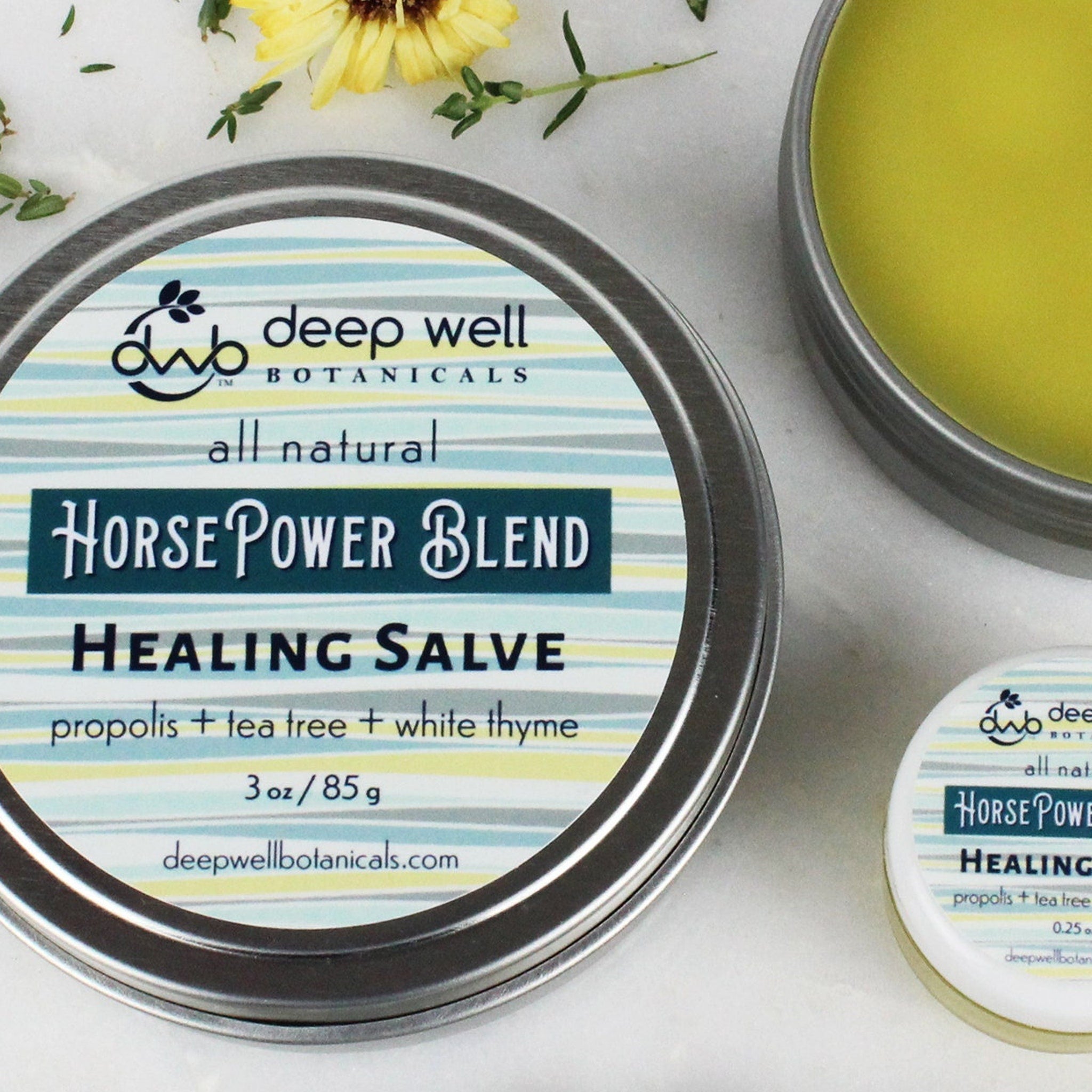 Bee propolis salve, metal tin with striped pattern, Deep Well Botanicals branding visible