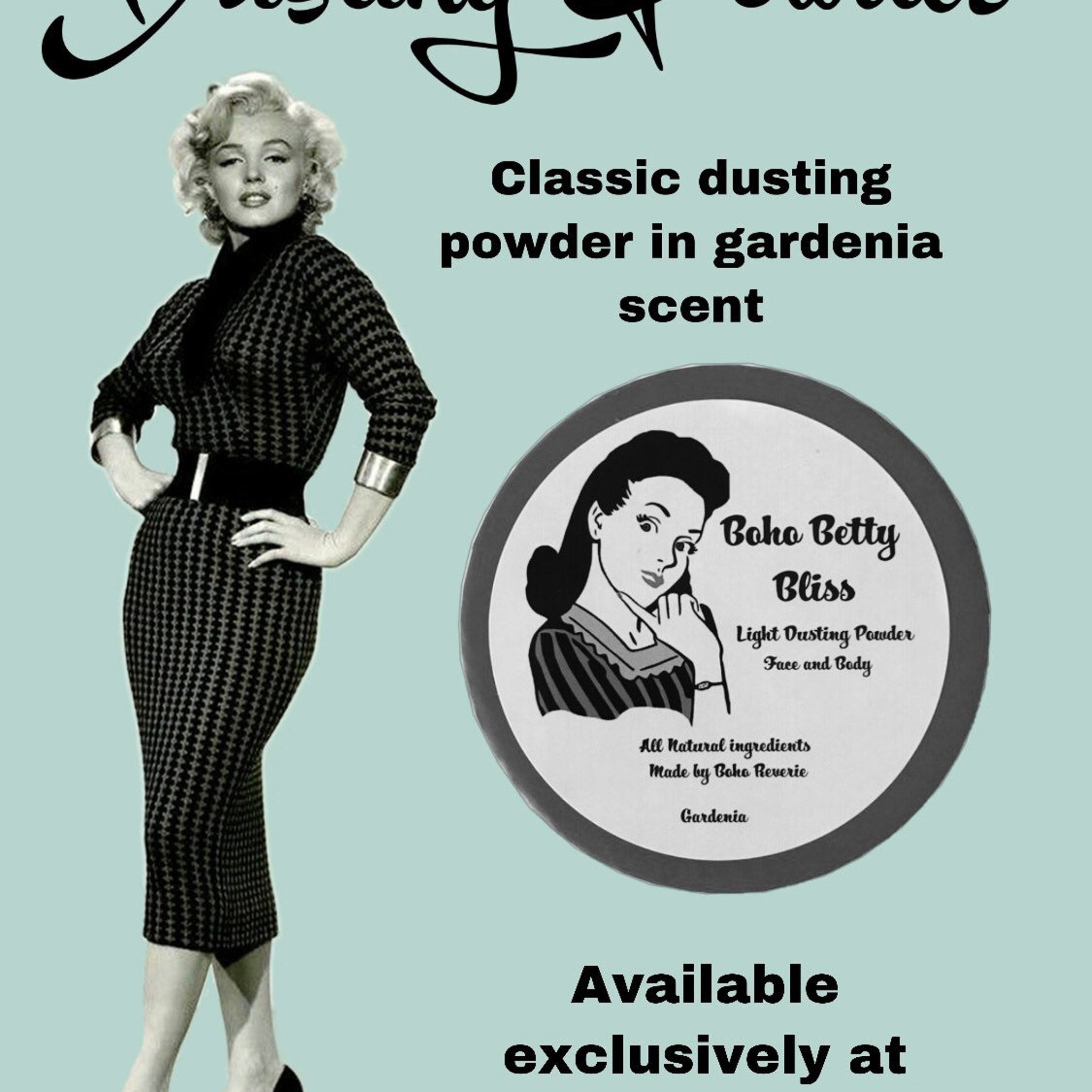 Dusting powder with BOHO Betty Bliss label, round compact with black rim and illustration, light face powder