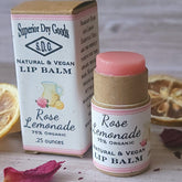 Lip balm, pink balm, brown cardboard tube, Rose Lemonade label, Superior Dry Goods brand