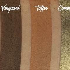 Swatch samples of brown, tan, and gold colors with "Vanguard" and "Toffee" text