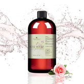 Rose Water Hydrosol bottle, red glass, black cap, with OPO brand label and rose