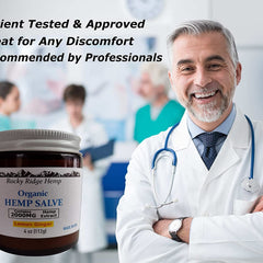 Hemp salve jar, brown glass, metal lid, with Rocky Ridge Hemp label and doctor in background