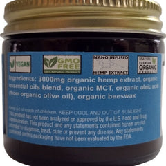 Hemp extract jar with gold lid, blue label, and white text for ingredients