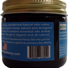 Hemp salve jar with gold lid, blue label, and RidgeHemp.com text visible