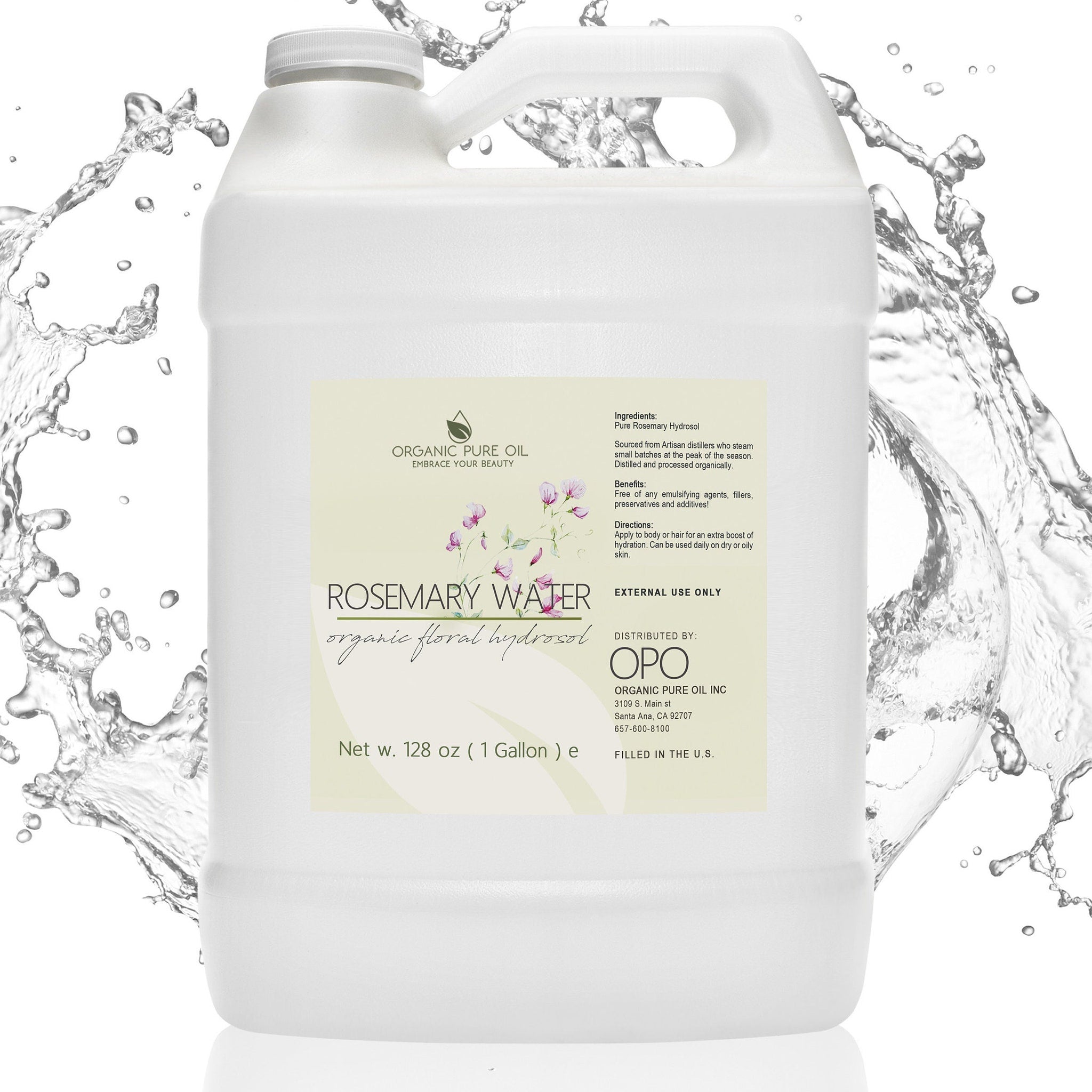 Rosemary Water toner, white plastic jug, water splash, Organic Pure Oil brand
