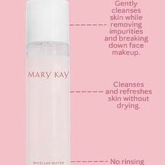 Micellar water bottle, white and pink, with Mary Kay branding, for cleansing skin