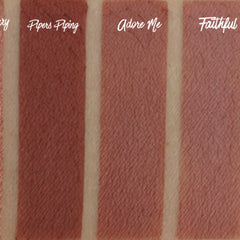 Lipstick swatches, brown and pink shades, textured finish, with "Pipers Piping" text visible