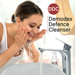 Demodex Defense Cleanser bottle, white, silver faucet, woman washing face