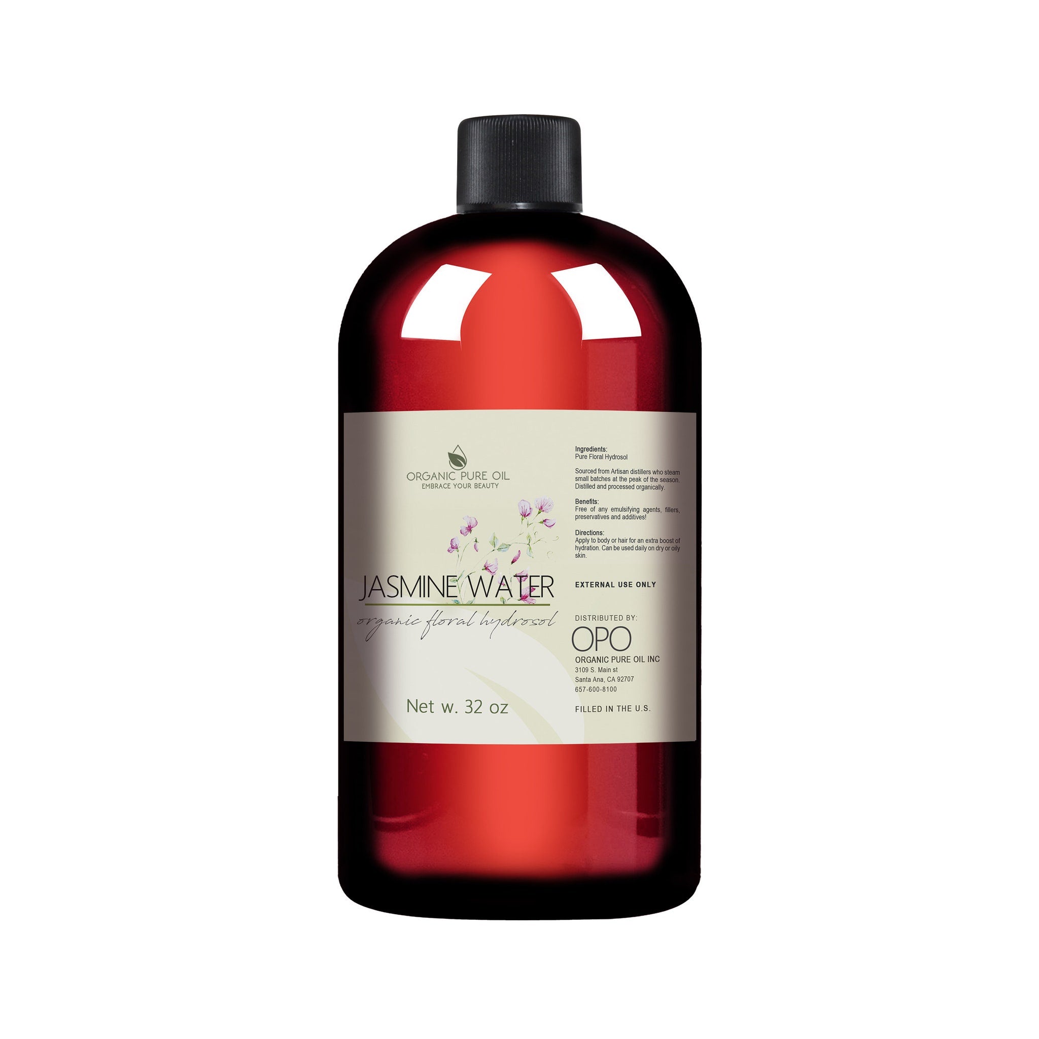 Jasmine water toner bottle, red liquid, black cap, and white label with text
