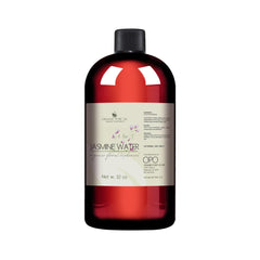 Jasmine water toner bottle, red liquid, black cap, and white label with text