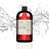 Toner bottle with red liquid, black cap, and water splash, by OPO