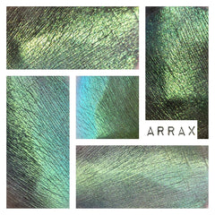 Green and blue iridescent textured pattern with ARRAX text visible