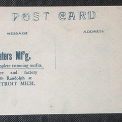 Detailed close-up of Vintage Tattoo Art Postcard Percy Waters BW Tattooed Woman Portrait