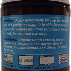 Product label with blue background, white text, and various logos including "Vegan" and "Organic Products