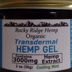 Hemp gel salve with blue and white label, black text, and Hemp Roots branding