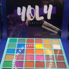 Open rectangular palette displaying 36 vibrant eyeshadow shades in matte, shimmer, and metallic finishes arranged in rows