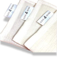 White fabric with textured pattern and "GLOVE 4 SENSES" label visible