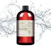 Toner spray bottle, red glass, black cap, with water splash and OPO brand