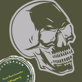 Eye makeup image with skull design, gray and white, Pariah House x Ktingzbeauty branding