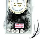 Eyelash extensions: Black wispy style fans in clear container, Kimeyelashes brand label visible