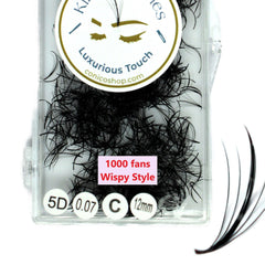 Eyelash extensions: Black wispy style fans in clear container, Kimeyelashes brand label visible