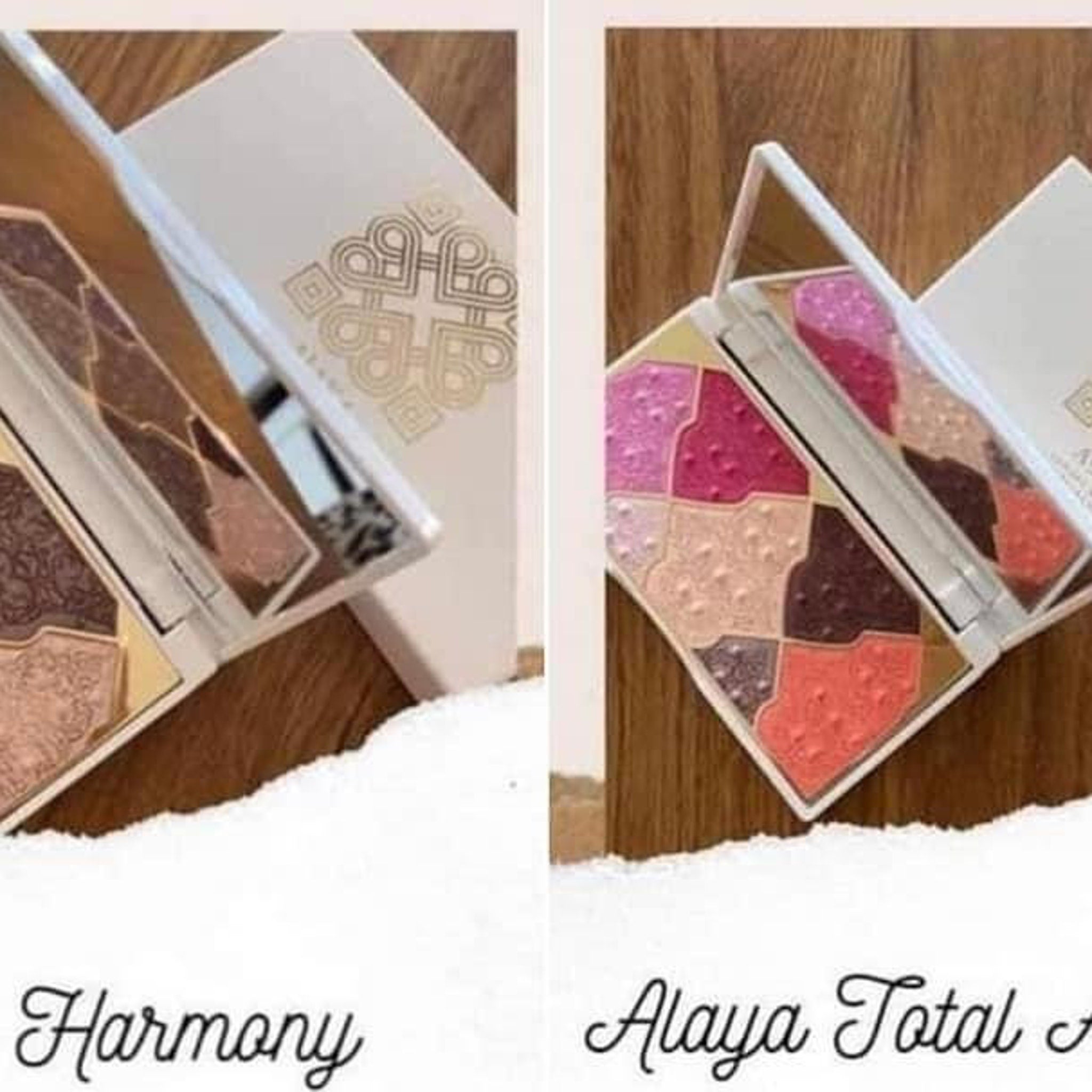 Eye shadow palette with multiple colors, square compact, and Alaya brand name visible