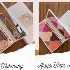 Eye shadow palette with multiple colors, square compact, and Alaya brand name visible