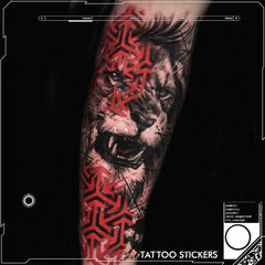 Close-up of Wolf & Lion temporary tattoo sticker on skin, showcasing intricate design and smooth application