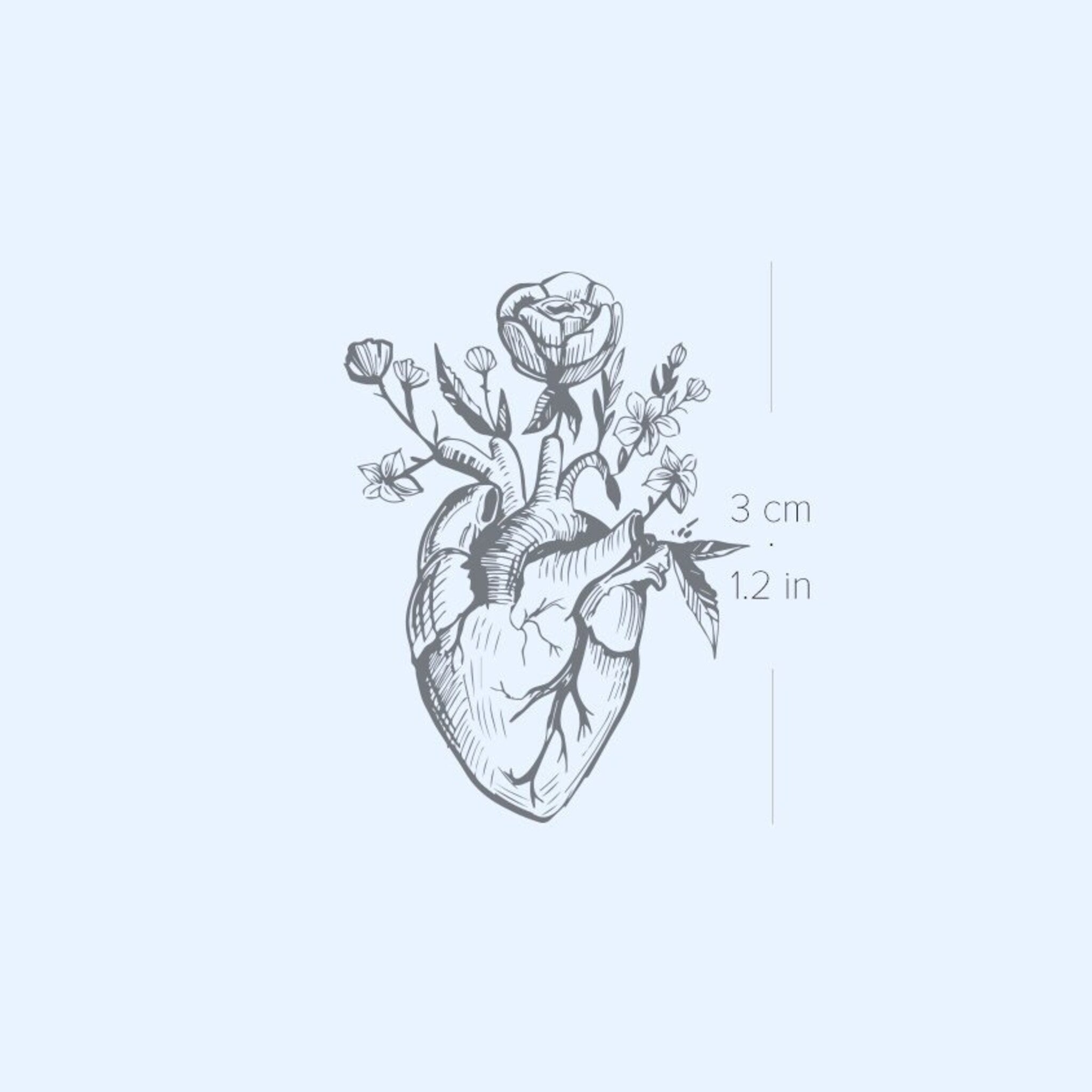 Two semi-permanent tattoo sheets featuring anatomical hearts and floral designs on clean skincare-style packaging