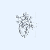 Two semi-permanent tattoo sheets featuring anatomical hearts and floral designs on clean skincare-style packaging