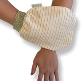 Gloves & Mittens: Cream striped exfoliating mitt, green cuff, on arm