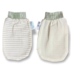 Exfoliating gloves, cream fabric with horizontal red stripes and solid, green elastic cuffs, Glove 4 Senses label