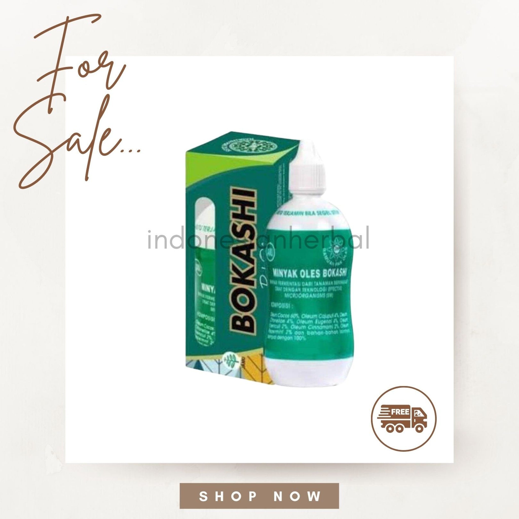 Heat rub oil bottle with green and white label, Bokashi brand visible, for sale