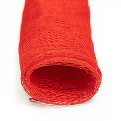 Red mesh fabric roll, open weave, cylindrical shape, close up view