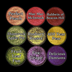 Eyeshadow swatches, various colors, shimmery finish, with text labels for each shade