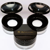 Finishing powder compacts, black plastic with mirror, white powder and BOA Body of Angels logo