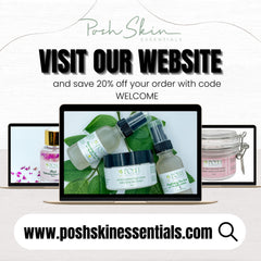 Website promotion with Posh Skin Essentials products, various bottles and jars on laptops, white background