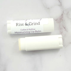 Lip balm tubes, white plastic, "Rise & Grind" text, Coffee & Kahlua moisturizing balm
